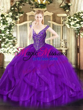 Popular Sleeveless Floor Length Beading and Ruffles Lace Up 15 Quinceanera Dress with Purple