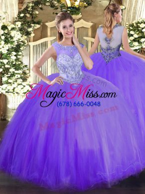 Sweet Floor Length Lavender Quince Ball Gowns Tulle Sleeveless Beading