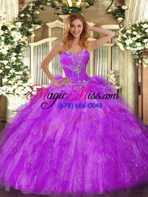 Attractive Eggplant Purple Sweetheart Neckline Beading and Ruffles 15th Birthday Dress Sleeveless Lace Up