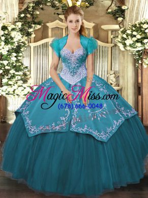 Sweet Teal Satin and Tulle Lace Up Vestidos de Quinceanera Sleeveless Floor Length Beading and Embroidery