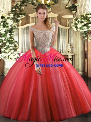 Coral Red Tulle Lace Up Off The Shoulder Sleeveless Floor Length Quinceanera Gown Beading