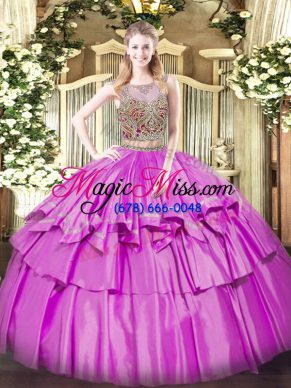 Scoop Sleeveless Lace Up Quinceanera Gowns Lilac Organza and Taffeta