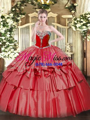 Coral Red Sleeveless Organza and Taffeta Lace Up Quinceanera Dress for Military Ball and Sweet 16 and Quinceanera