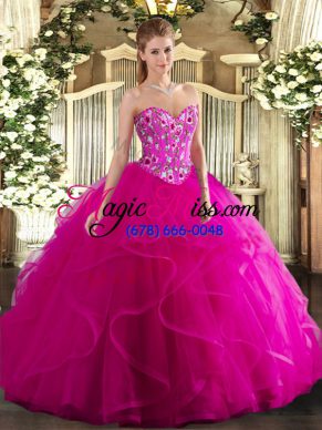 Fashionable Floor Length Fuchsia Ball Gown Prom Dress Tulle Sleeveless Embroidery and Ruffles