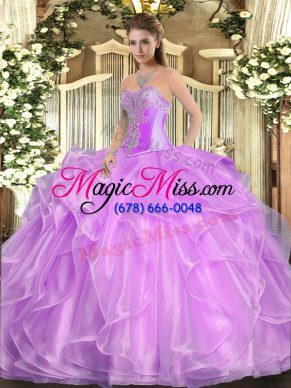 Lilac Ball Gowns Organza Sweetheart Sleeveless Beading and Ruffles Floor Length Lace Up Sweet 16 Dresses