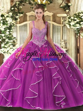 High Class Fuchsia Straps Lace Up Beading Sweet 16 Dresses Sleeveless