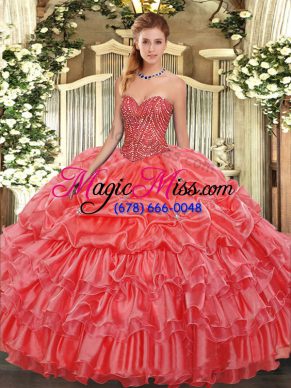 Edgy Sweetheart Sleeveless Quince Ball Gowns Floor Length Beading and Ruffles and Pick Ups Coral Red Organza