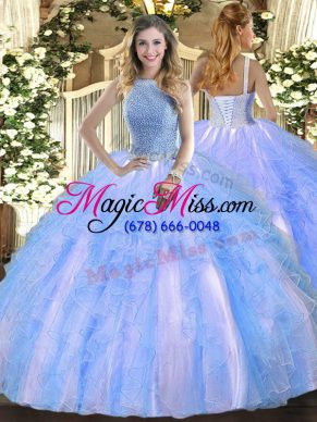 Custom Design Floor Length Baby Blue 15 Quinceanera Dress High-neck Sleeveless Lace Up