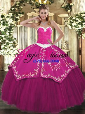 High Quality Sweetheart Sleeveless Quince Ball Gowns Floor Length Appliques and Embroidery Fuchsia Satin and Tulle