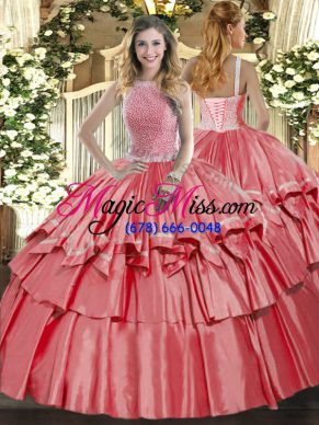 High-neck Sleeveless Lace Up Sweet 16 Dresses Coral Red Organza and Taffeta