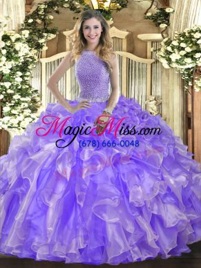 Lavender Organza Lace Up High-neck Sleeveless Floor Length Quinceanera Gown Beading and Ruffles