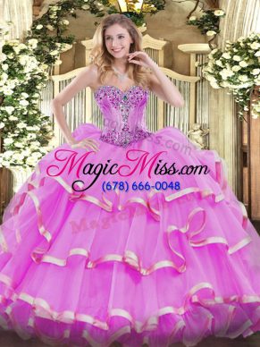 High Class Organza Sweetheart Sleeveless Lace Up Beading and Ruffles Quinceanera Gown in Lilac