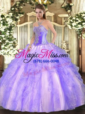 Luxury Lavender Ball Gowns Beading and Ruffles Sweet 16 Dress Lace Up Tulle Sleeveless Floor Length