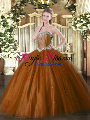 Glorious Sleeveless Tulle Floor Length Lace Up Sweet 16 Quinceanera Dress in Rust Red with Beading