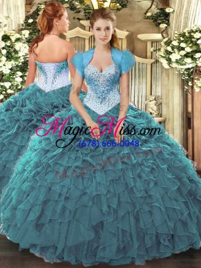 Great Teal Sleeveless Floor Length Beading and Ruffles Lace Up Sweet 16 Quinceanera Dress