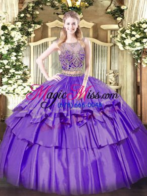 Fashionable Scoop Sleeveless Organza and Taffeta Ball Gown Prom Dress Beading and Ruffled Layers Lace Up