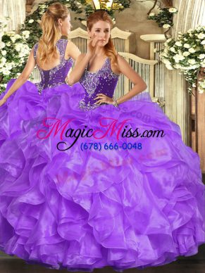 Stylish Straps Sleeveless 15th Birthday Dress Floor Length Beading and Ruffles Lavender Organza