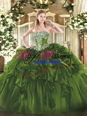 Cute Floor Length Olive Green Quinceanera Gown Organza Sleeveless Beading and Ruffles