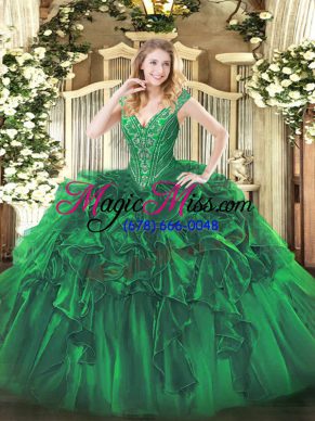 Classical Organza V-neck Sleeveless Lace Up Beading and Ruffles Sweet 16 Dress in Green