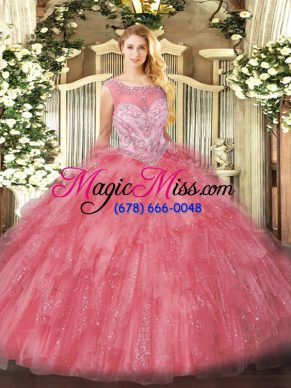 Custom Designed Sleeveless Organza Zipper Quince Ball Gowns in Rose Pink with Beading and Ruffles