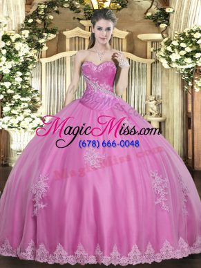 Customized Floor Length Rose Pink Quinceanera Gown Sweetheart Sleeveless Lace Up