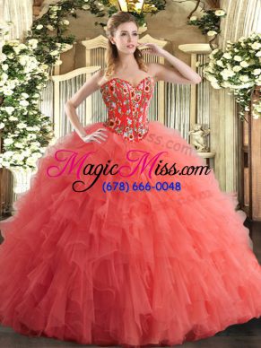 Dynamic Ball Gowns Sweet 16 Dress Watermelon Red Sweetheart Tulle Sleeveless Floor Length Lace Up