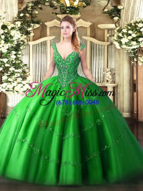 Vintage Green Tulle Lace Up V-neck Sleeveless Floor Length Sweet 16 Quinceanera Dress Beading and Appliques