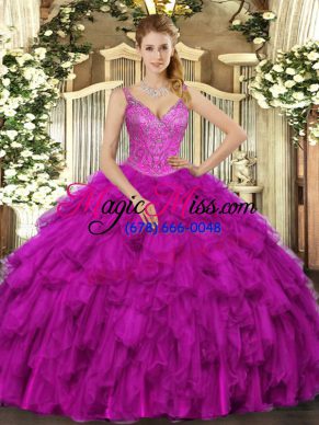 Fuchsia Lace Up Sweet 16 Dress Beading and Ruffles Sleeveless Floor Length