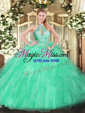 Decent Apple Green 15th Birthday Dress Military Ball and Sweet 16 and Quinceanera with Beading and Ruffles Halter Top Sleeveless Lace Up