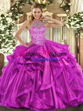 Suitable Fuchsia Sleeveless Floor Length Beading and Embroidery and Ruffles Lace Up Sweet 16 Quinceanera Dress