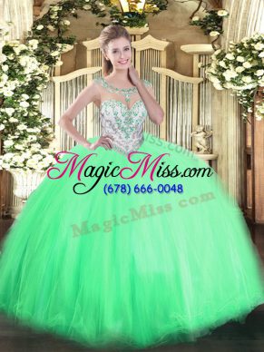 Simple Floor Length Apple Green Quinceanera Gown Tulle Sleeveless Beading