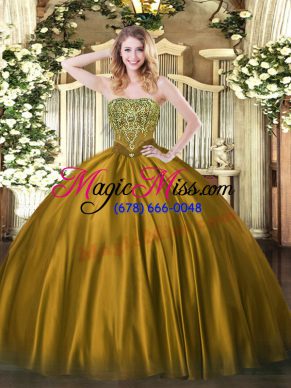 Romantic Strapless Sleeveless Lace Up Quinceanera Gown Brown Satin