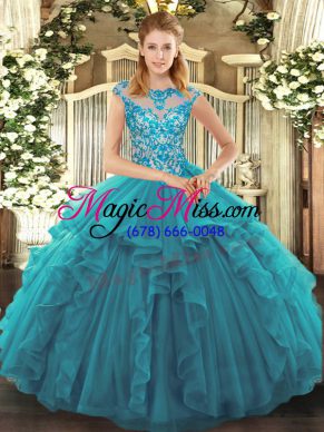 Chic Teal Cap Sleeves Ruffles Quince Ball Gowns