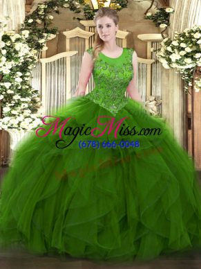 Floor Length Zipper 15 Quinceanera Dress Green for Military Ball and Sweet 16 and Quinceanera with Beading and Ruffles