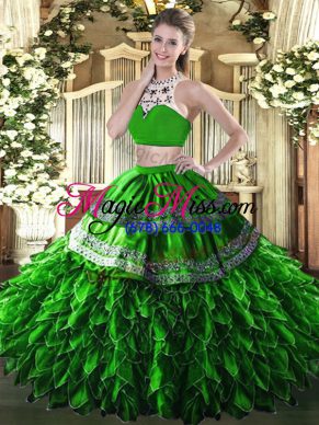 Comfortable Floor Length Green Sweet 16 Dress Tulle Sleeveless Beading and Ruffles