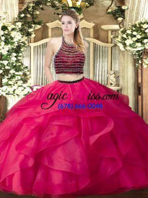 Noble Floor Length Hot Pink 15th Birthday Dress Halter Top Sleeveless Zipper