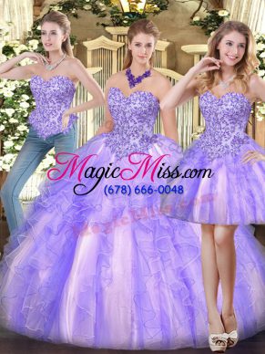 On Sale Lavender Three Pieces Sweetheart Sleeveless Organza Floor Length Zipper Appliques and Ruffles Ball Gown Prom Dress