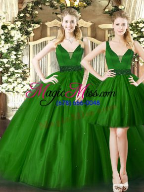 Beautiful Dark Green Sleeveless Floor Length Ruching Lace Up Quinceanera Dress