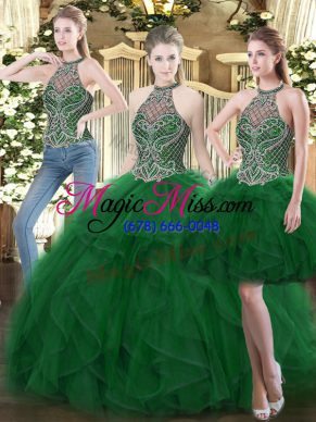 Lovely Organza High-neck Sleeveless Lace Up Beading and Ruffles Vestidos de Quinceanera in Dark Green