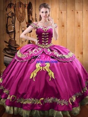 Satin and Organza Off The Shoulder Sleeveless Lace Up Beading and Embroidery 15 Quinceanera Dress in Fuchsia