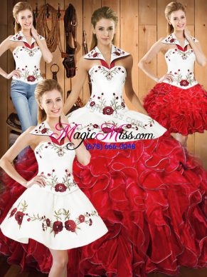 Flare Halter Top Sleeveless Lace Up Sweet 16 Quinceanera Dress White And Red Satin and Organza