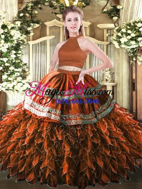 Rust Red Backless Halter Top Beading and Embroidery and Ruffles Sweet 16 Quinceanera Dress Satin and Organza Sleeveless