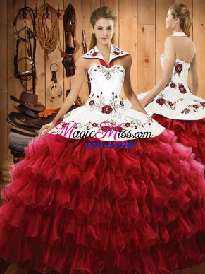 Satin and Organza Halter Top Sleeveless Lace Up Embroidery and Ruffled Layers Vestidos de Quinceanera in Wine Red