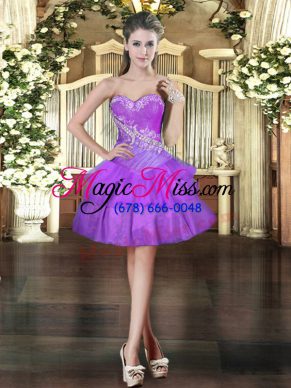 Glamorous Mini Length Purple Dress for Prom Organza Sleeveless Beading and Ruffled Layers