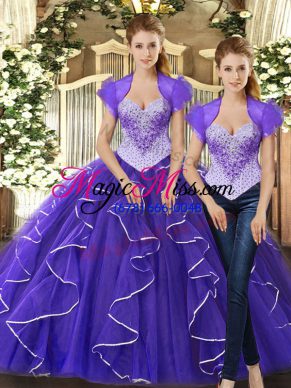 Purple Lace Up Quinceanera Gowns Beading and Ruffles Sleeveless Floor Length