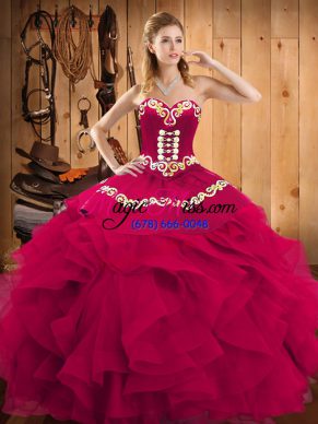 Fuchsia Satin and Organza Lace Up Quinceanera Gown Sleeveless Floor Length Embroidery and Ruffles