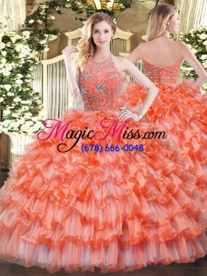 Colorful Floor Length Zipper 15 Quinceanera Dress Orange for Military Ball and Sweet 16 and Quinceanera with Beading and Ruffled Layers