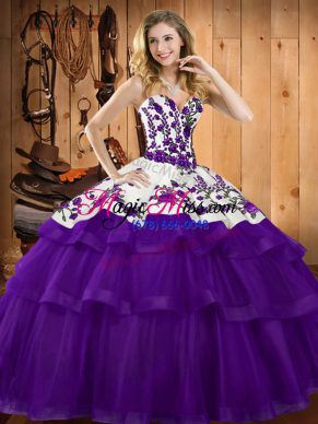 Lace Up Quince Ball Gowns Purple for Military Ball and Sweet 16 and Quinceanera with Embroidery Sweep Train