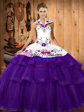 Best Selling Sleeveless Organza Sweep Train Lace Up Quinceanera Dress in Purple with Embroidery and Ruffled Layers