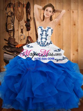 Captivating Blue Sleeveless Embroidery and Ruffles Floor Length 15 Quinceanera Dress